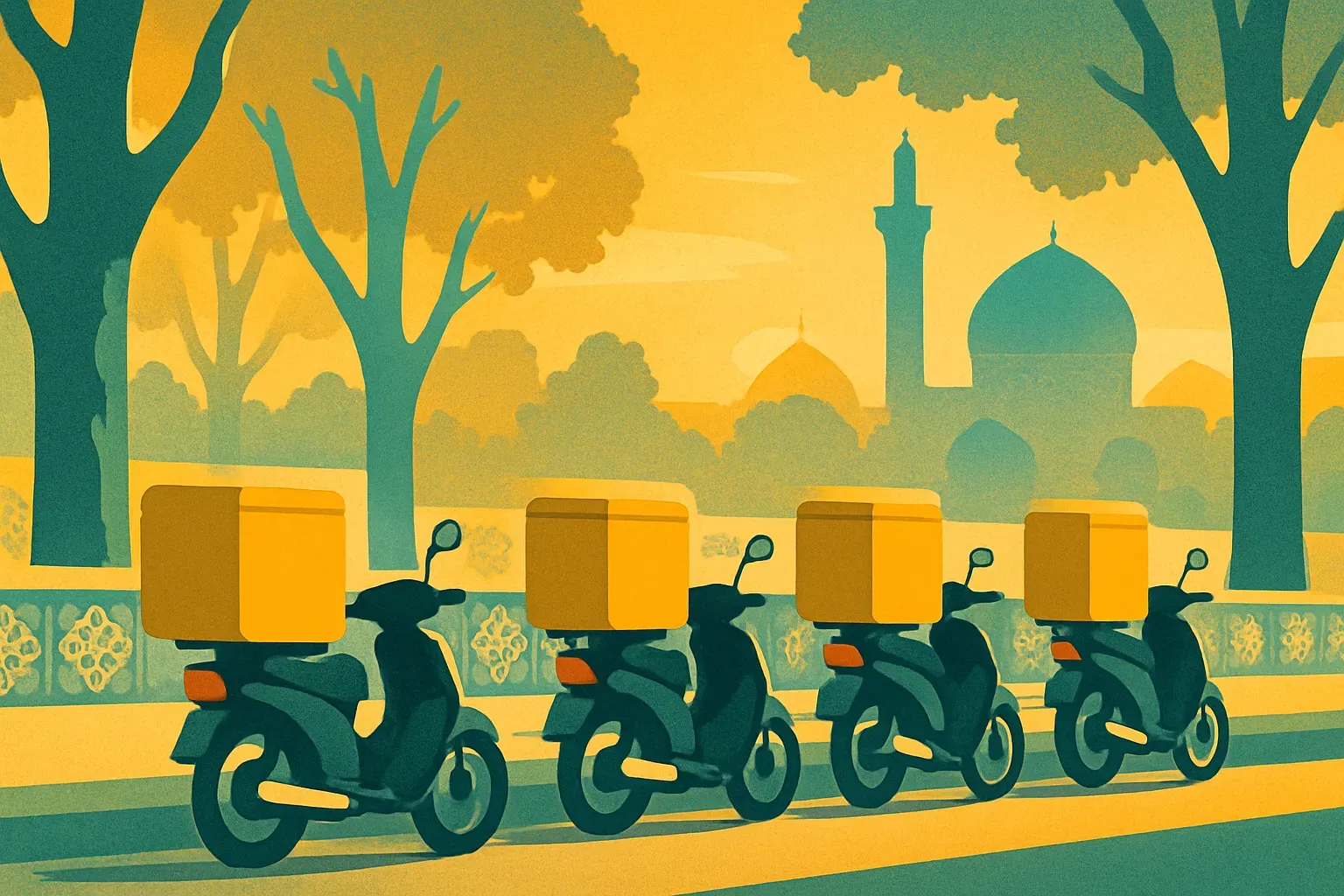 چند موتور پیک با باکس بار در پشت، پارک‌شده کنار بلواری با درختان چنار