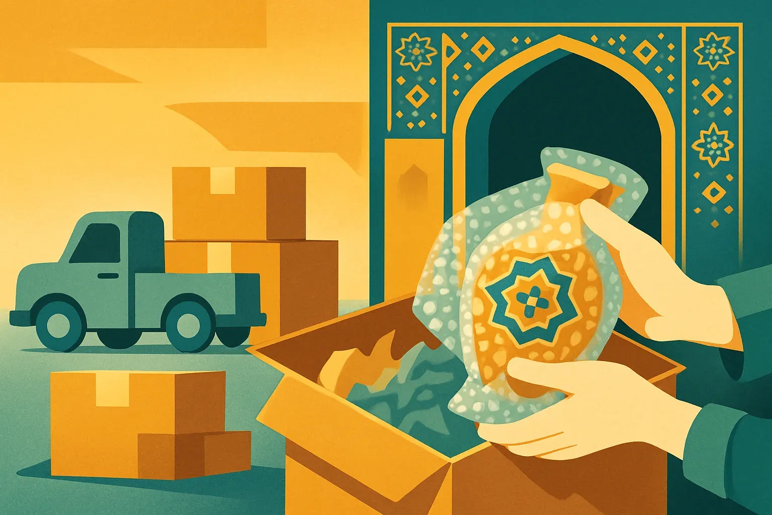 بسته‌بندی یک گلدان سرامیکی با پلاستیک حبابدار داخل کارتن در کنار جعبه‌های چسب‌خورده و یک وانت