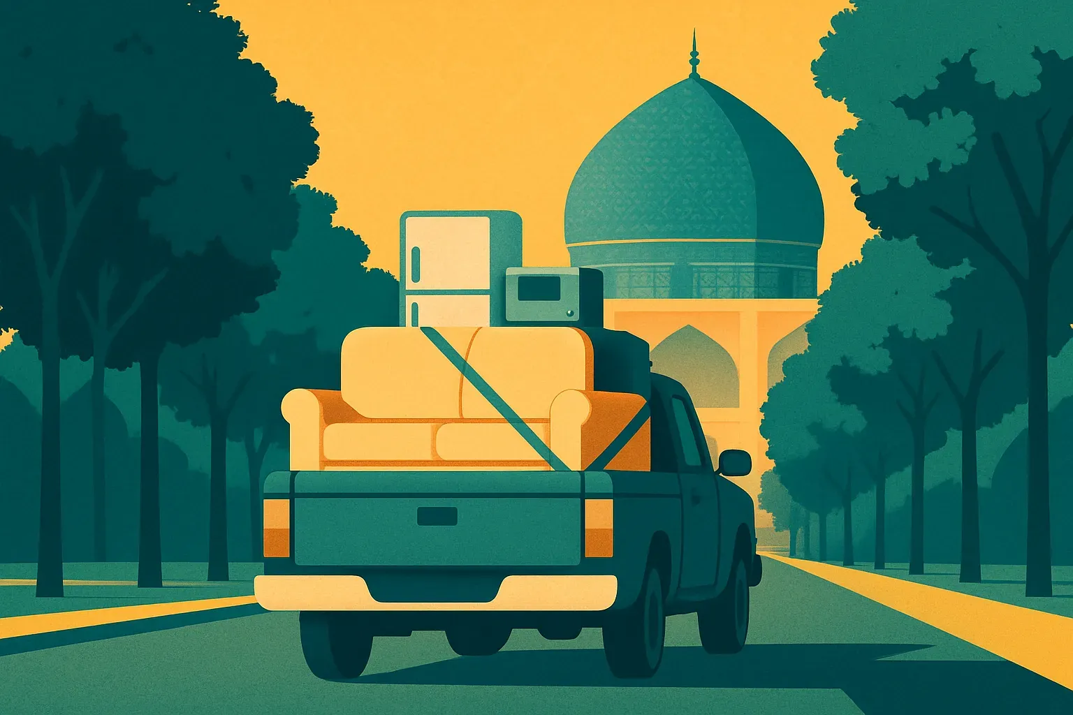 وانت‌بار حامل مبل و لوازم خانگی بسته‌شده با تسمه در خیابانی درختکاری‌شده