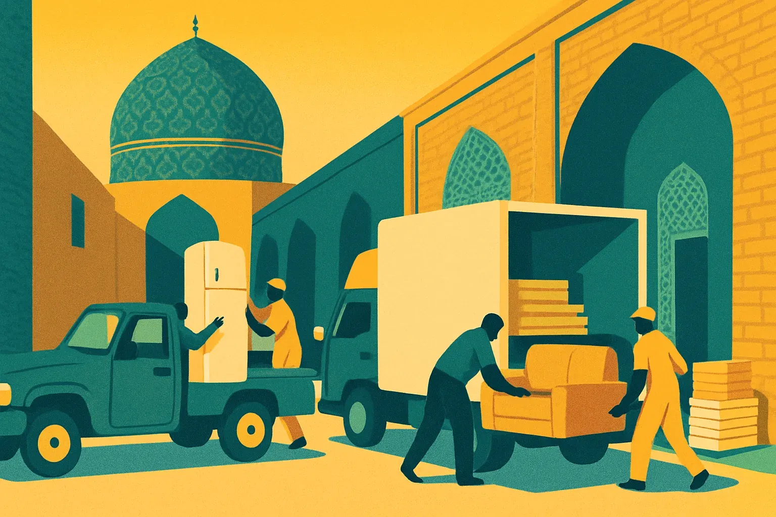 بارگیری یخچال، مبلمان و مصالح روی وانت‌بار و کامیونت در کنار یک کوچه آجری