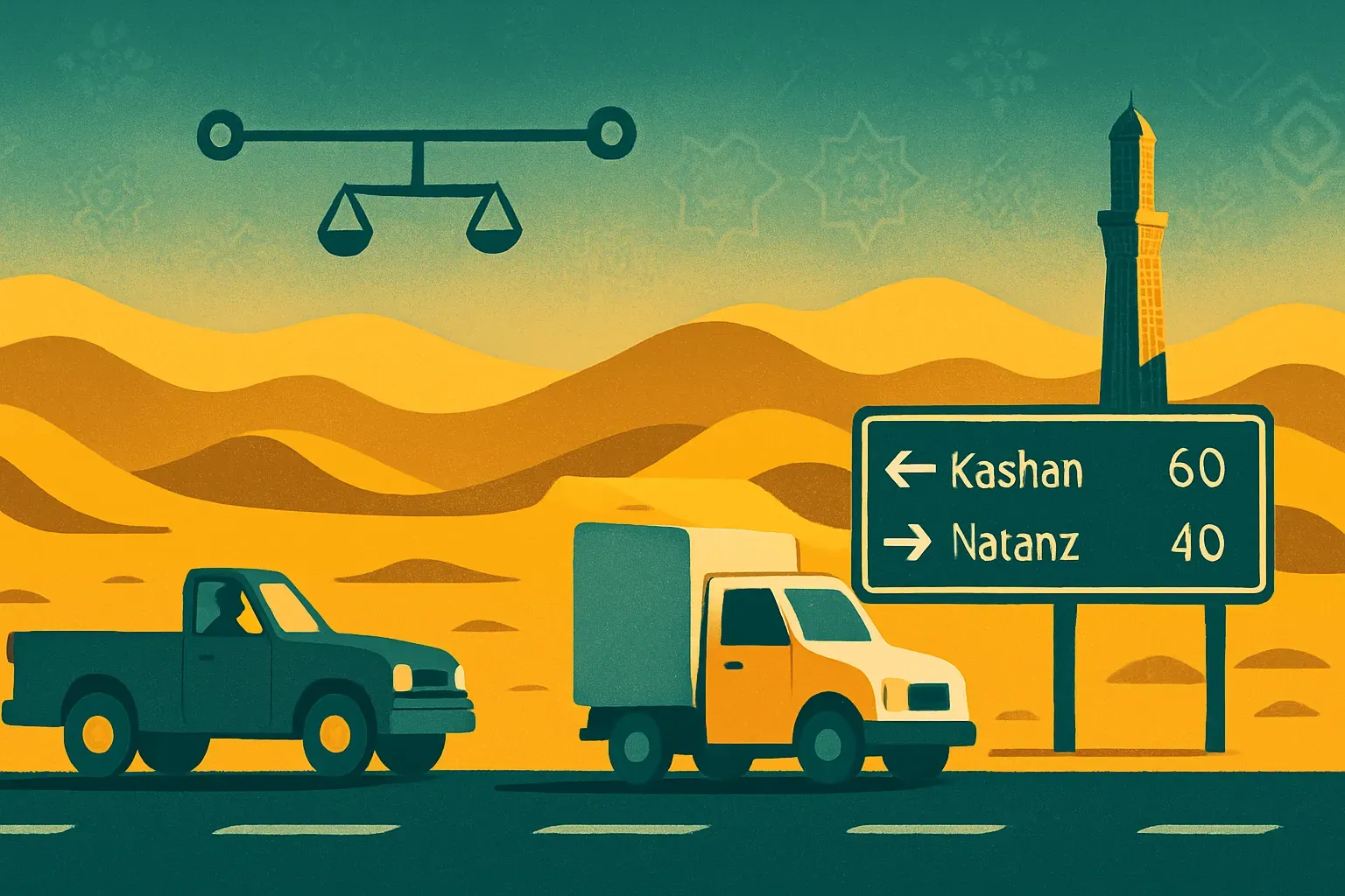 وانت‌بار و کامیونت روی جاده‌ای میان دو شهر با نمادی از ترازو و خط مسیر بالای آن‌ها