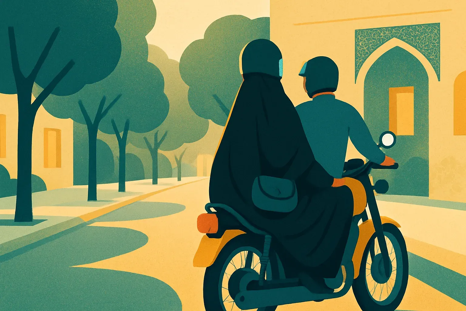 خانمی با چادر مشکیِ جمع‌شده که دو طرف روی ترک موتور نشسته، دستگیرهٔ پشت زین را گرفته و کیفش را جلوی بدن انداخته است