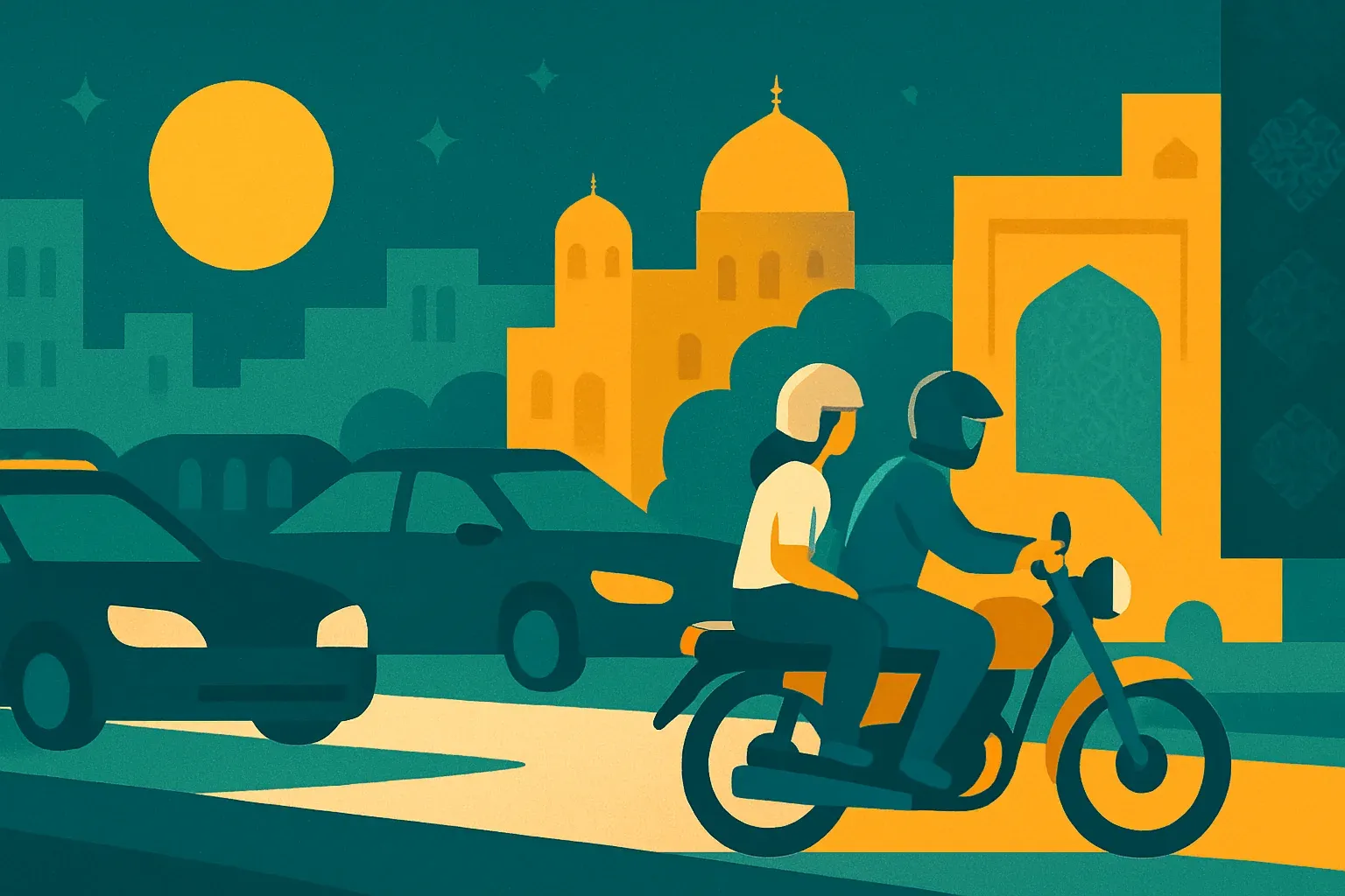 تاکسی موتور با مسافر کلاه‌به‌سر در حال عبور از کنار صف خودروهای ایستاده در خیابان شهر