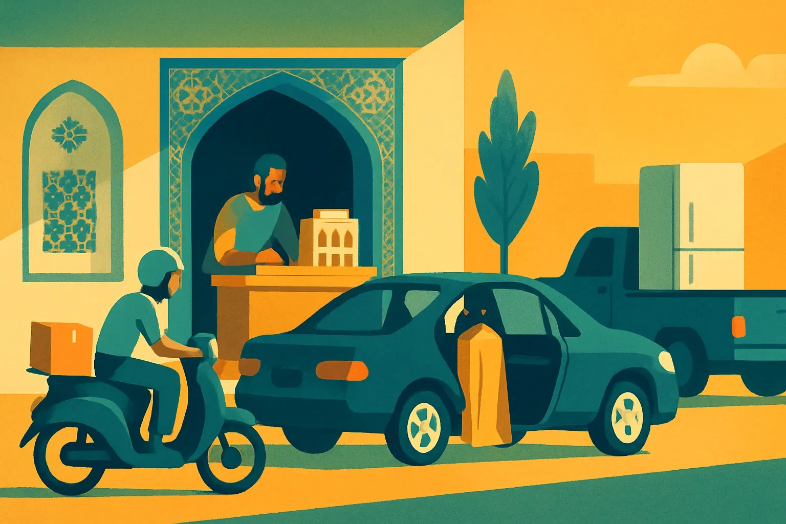 پیک موتوری با یک بستهٔ کوچک از جلوی کارگاه راه می‌افتد، جعبهٔ ماکت و کاور لباس در عقب یک سواری گذاشته می‌شود و وانتی با یخچال ایستاده پشت سرشان است